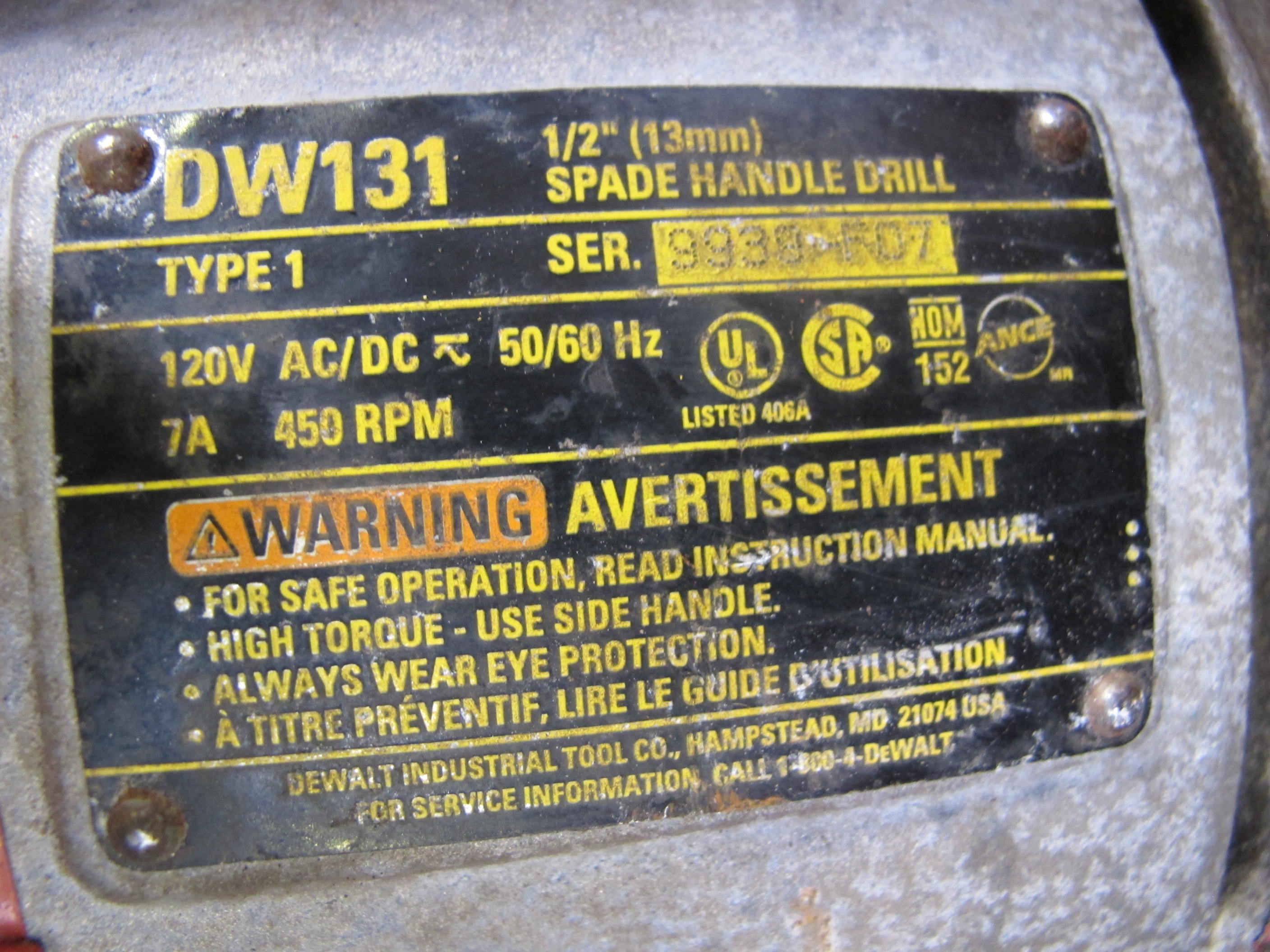 LOT TO INCLUDE: (1) MILWAUKEE HEAVY DUTY 1/2 IN DRILL, 600 RPM, 120 V 60 HZ, (1) DRILL PRESS, BUX MODEL DAH1/2NO91035 FUSE 1.6 A, 115 VAC, ATTACHED: DEWALT, DW131 1/2 IN (13 MM) SPADE HANDLE DRILL, 450 RPM. LOADING & HANDLING FEE $5-4004